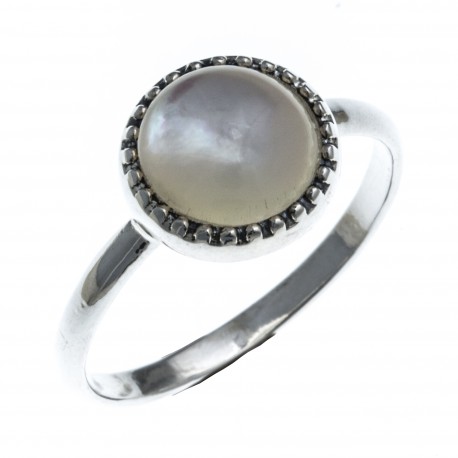 Bague argent  rhodié 1,5g - nacre blanche - T50 à 60