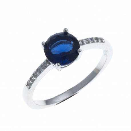 Bague argent rhodié 1,9g - zircons - saphir synthétique - T50 à 60