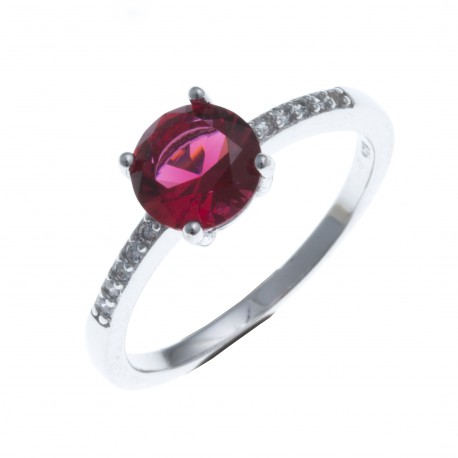 Bague argent rhodié 1,9g - zircons - rubis synthétique - T50 à 60