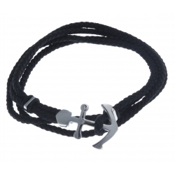 Bracelet acier homme - ancre 2 tours  - cordon noir - 40cm
