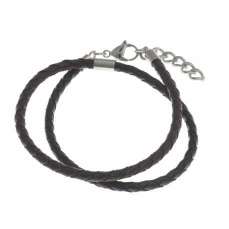 Bracelet acier homme - 2 tours cuirs  marrons et noirs - 40+3cm