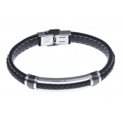 Bracelet acier homme - 2 tons noir et blanc - homme - cuir  noir - 21 cm
