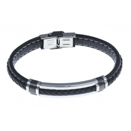 Bracelet acier homme - 2 tons noir et blanc - homme - cuir  noir - 21 cm