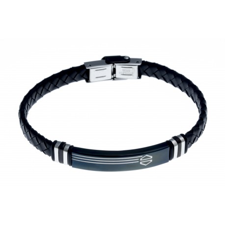 Bracelet acier homme - 2 tons noir et blanc - homme - cuir tressé noir - 21 cm