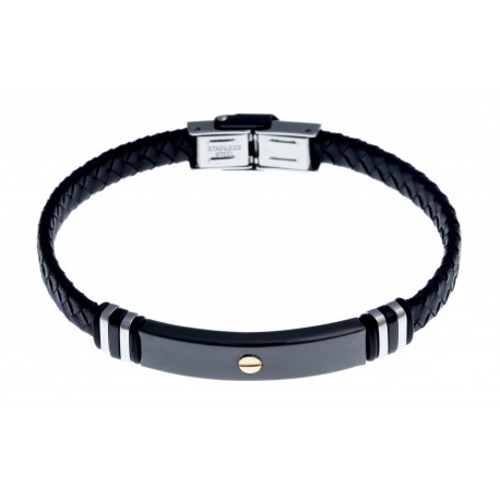 Bracelet acier 2 tons noir et blanc - homme - vis en or 9KT - cuir tressé noir -