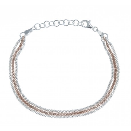 Bracelet en argent rhodié 4g - 2 tons rosé - blanc - 17+3 cm