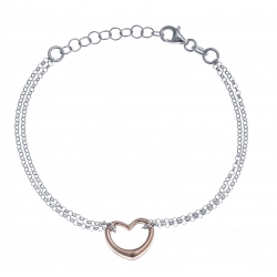 Bracelet argent rhodié 2,5g - cœur - 2 tons - rosé - 17+3cm