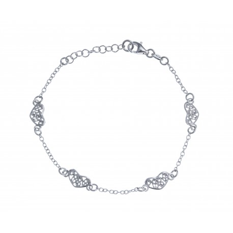 Bracelet argent rhodié  2,6g - 4 cœurs filigranés - 17+3cm