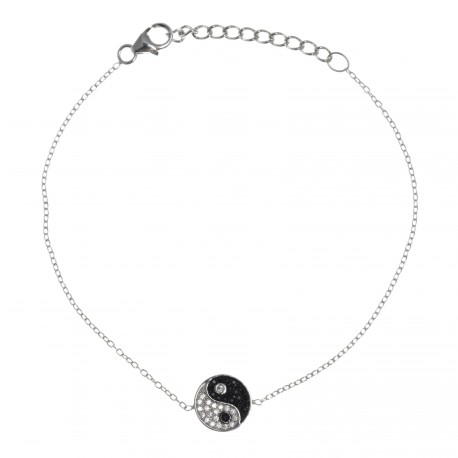 Bracelet argent rhodié 1,7g - yin yang - zircons noirs et blancs - 17+3cm
