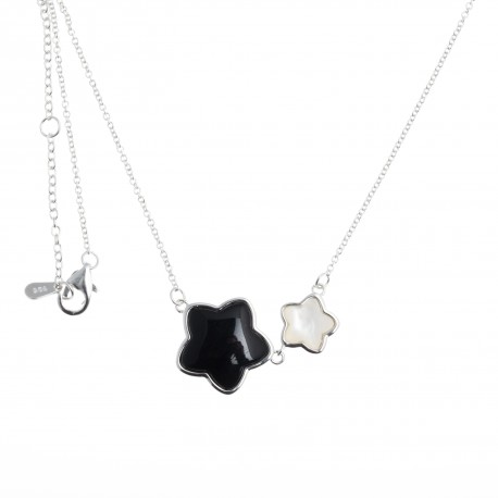 Collier argent rhodié 4g - onyx - nacre blanche - 40+2,5+2,5cm