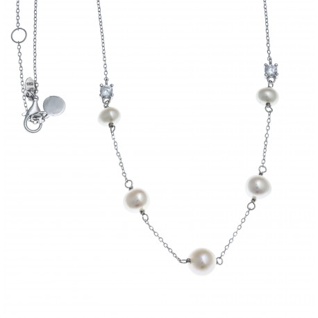 Collier argent rhodié 3,4g - perles véritables blanches -  zircons - 44+3cm