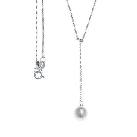 Collier argent rhodié 2,8g - perle véritable blanche -  zircons - 45cm