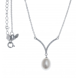 Collier argent rhodié 3,6g - perle véritable blanche -  zircons - 45+5cm