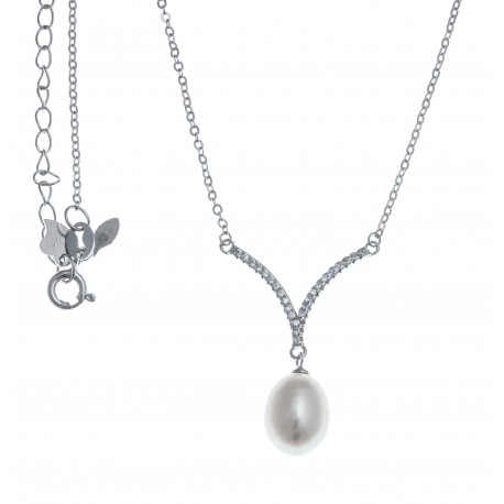 Collier argent rhodié 3,6g - perle véritable blanche -  zircons - 45+5cm