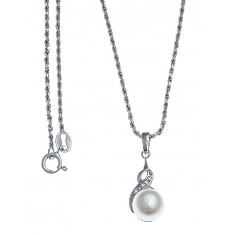 Collier argent rhodié 5g - perle véritable blanche -  zircons - 45cm
