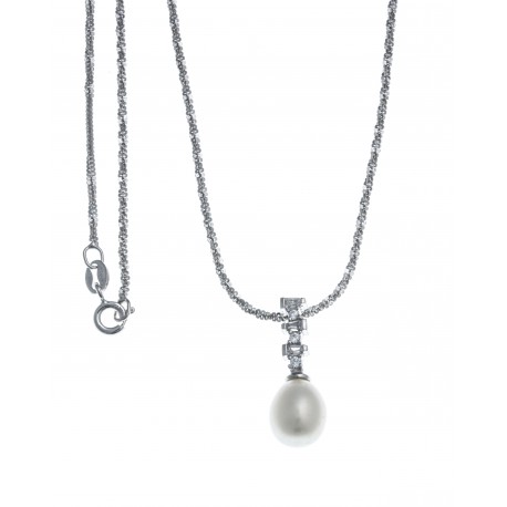 Collier argent rhodié 3g - perle véritable blanche -  zircons - 40cm