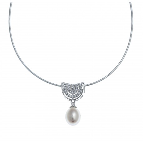 Collier argent rhodié 3g - perle véritable blanche -  zircons - 38+5cm
