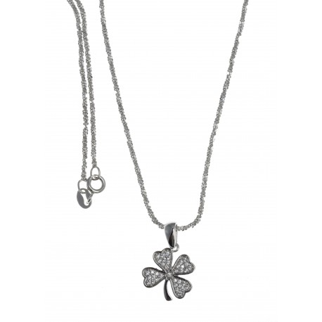 Collier argent rhodié 3g - trèfle 4 feuilles - zircons - 40cm