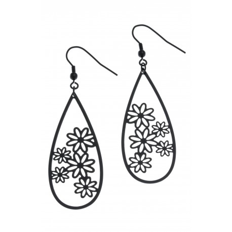 Boucles d'oreille  acier noir - fleurs