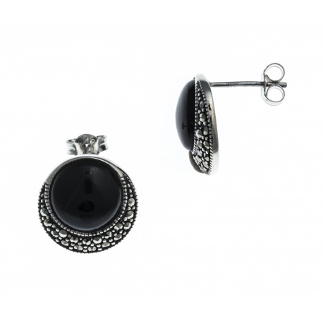 Boucles d'oreille argent rhodié 4g - marcassites - onyx