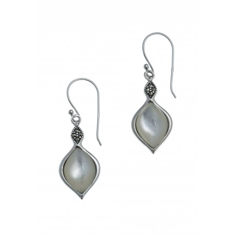 Boucles d'oreille argent rhodié 3g - nacre blanche - marcassites