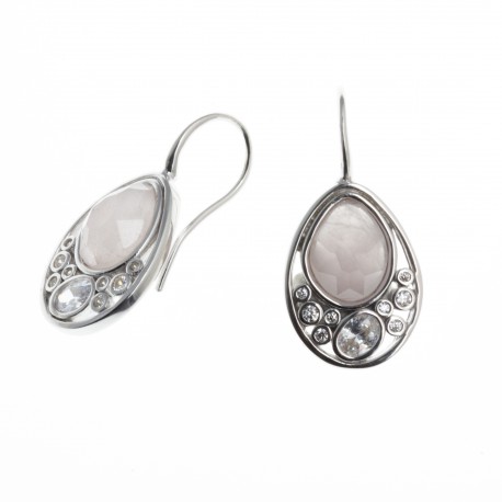 Boucles d'oreille argent rhodié 4g- zircons - quartz rose