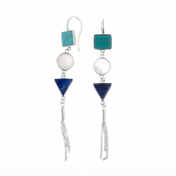 Boucles d'oreille argent rhodié 4,5g - howlite - nacre blanche - lapis - 45+2,5+2,5cm