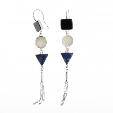 Boucles d'oreille argent rhodié 4,5g - onyx - nacre blanche - lapis - 45+2,5+2,5cm