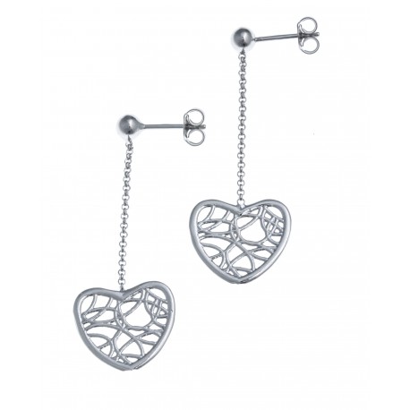 Boucles d'oreille argent rhodié 2,3g - coeur filigrané - pendante fil 2cm