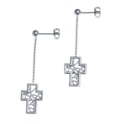 Boucles d'oreille argent rhodié 2,2g - croix filigrané - pendante fil 2cm