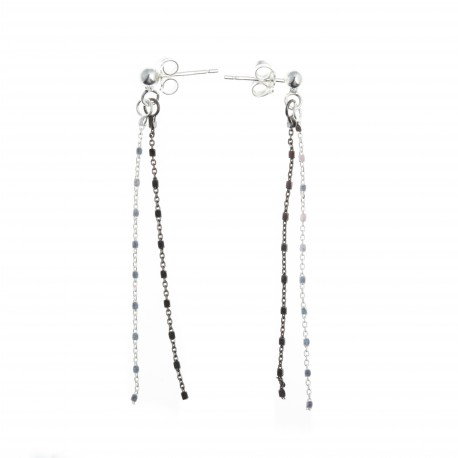 Boucles d'oreille argent rhodié 2g - noir et blanc - 2 fils 5 cm