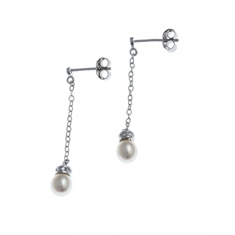 Boucles d'oreille argent rhodié 1,3g - perle véritable blanche - zircons - chain