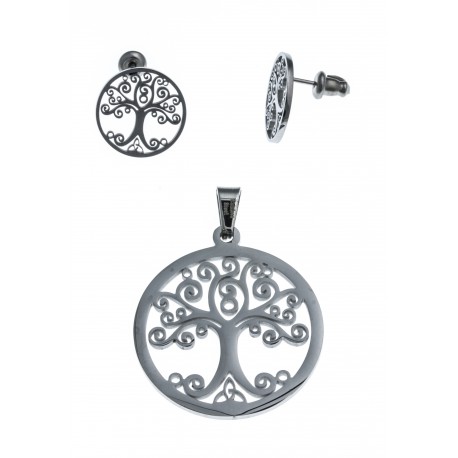 Parure acier arbre de vie - pendentif + boucles d'oreilles assorties