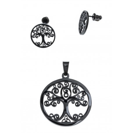 Parure acier noir arbre de vie - pendentif + boucles d'oreilles assorties