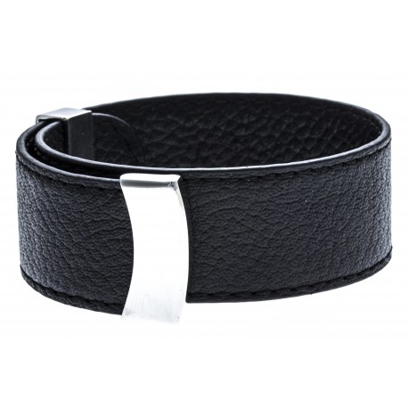 Bracelet acier cuir noir - largeur 2cm - longueur 23,5cm