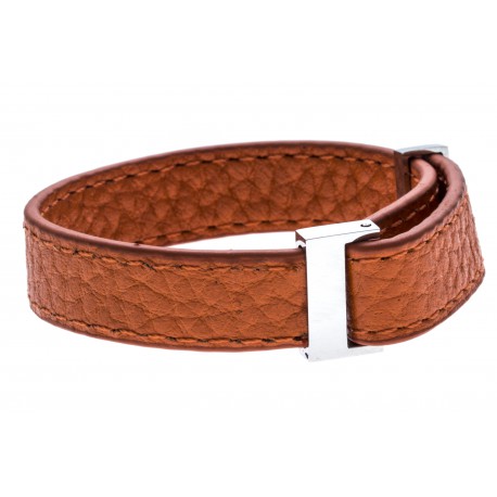 Bracelet acier cuir orange - largeur 1cm - longueur 22cm