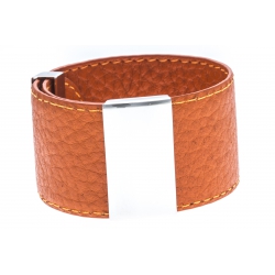 Bracelet acier cuir orange - largeur 3cm - longueur 23,5cm