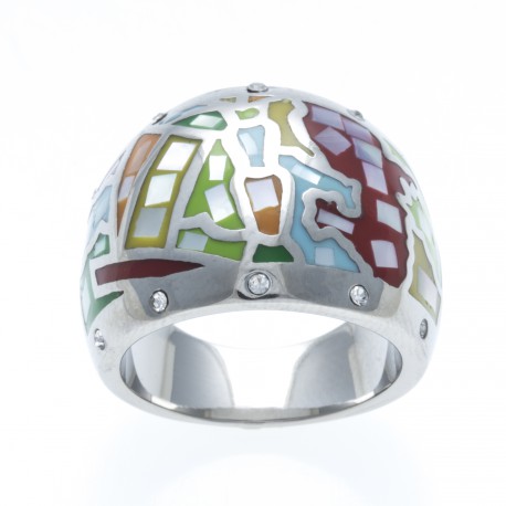 Bague acier - "palmier" - nacre - émail - strass - T 52 à 60