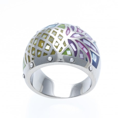 Bague acier - "ananas" - nacre - émail - strass - T 52 à 60