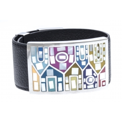 Bracelet acier émail, nacre et cuir noir - largeur 3cm - longueur 23,5cm