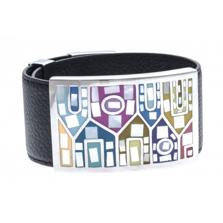 Bracelet acier émail, nacre et cuir noir - largeur 3cm - longueur 23,5cm