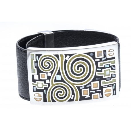 Bracelet en acier - émail - nacre- cuir noir - largeur 3cm - longueur 23,5cm