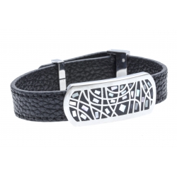 Bracelet en acier - émail - nacre- cuir noir - largeur 1cm - longueur 22cm