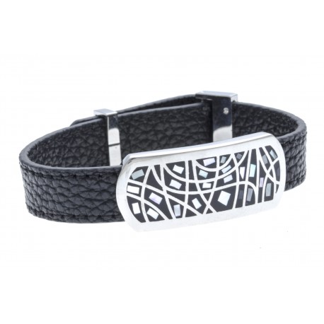 Bracelet en acier - émail - nacre- cuir noir - largeur 1cm - longueur 22cm