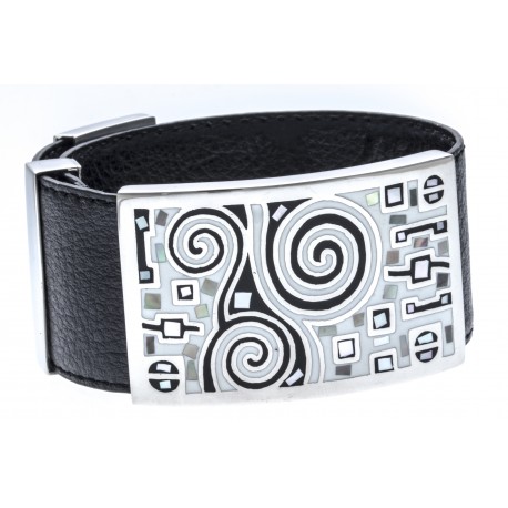 Bracelet acier - émail - nacre - cuir noir - largeur 3cm - longueur 23,5cm