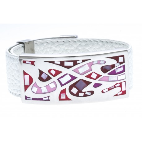 Bracelet acier - émail - nacre - cuir blanc - largeur 2cm - longueur 23,5cm