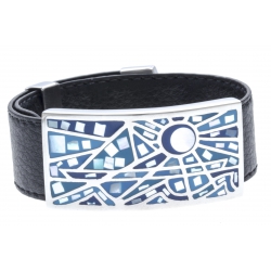 Bracelet acier - émail - nacre - cuir noir - largeur 2cm - longueur 23,5cm