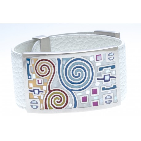 Bracelet acier - émail - nacre - cuir blanc - largeur 3cm - longueur 23,5cm