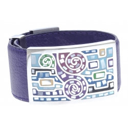 Bracelet acier - émail - nacre - cuir violet - largeur 3cm - longueur 23,5cm