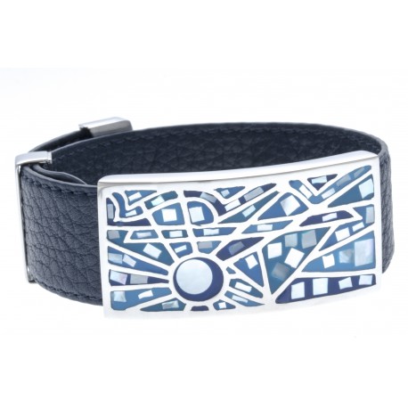 Bracelet acier - émail - nacre - cuir bleu foncé - largeur 2cm - longueur 23,5cm